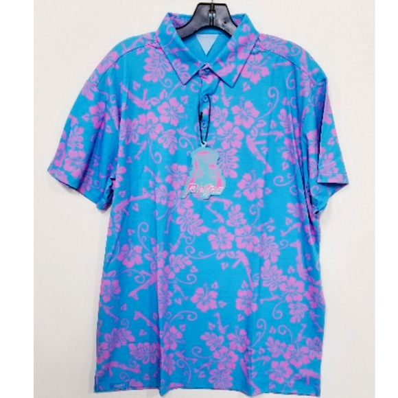 Retro Rifle Other - Retro Rifle Blue Aloha Mens Large 3 Button Polo Dress Shirt Collar Hawaiian NWT!
